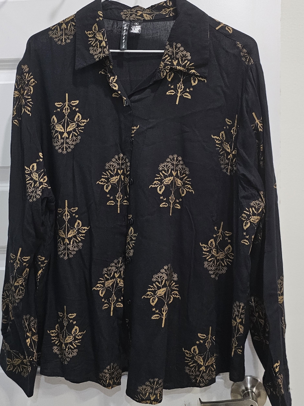 Black and Gold Button-Down Shirt - Women’s Elegant Floral Top